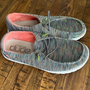 Hey Dude Multicolor Knit Moccasins with Coral Lining Sz 9